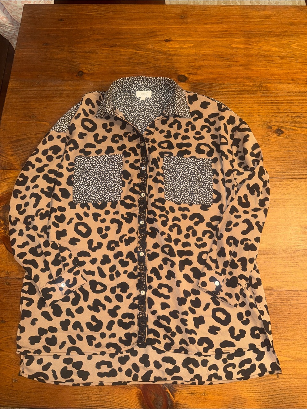 Leopard Print Button-Up Blouse in Tan and Black - Picture 1 of 10